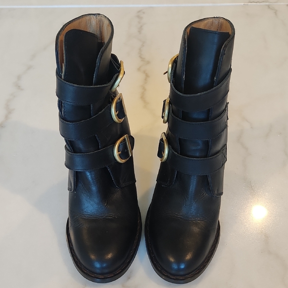 Topshop Black Heeled Boots with Gold Buckles - Picture 2 of 8